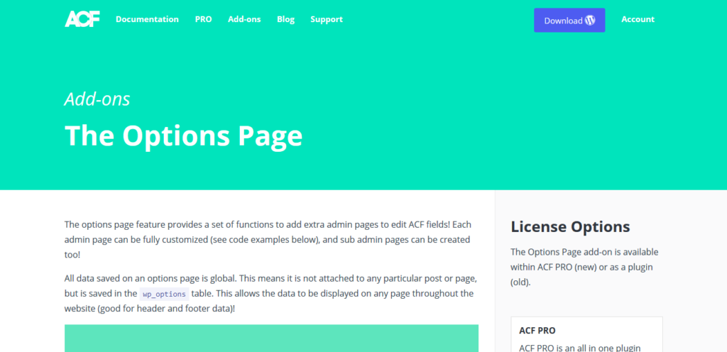ACF Pro – Advanced Custom Fields Options Page Addon