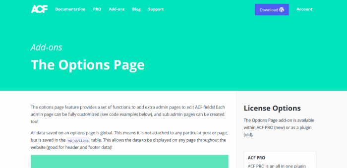 ACF Pro – Advanced Custom Fields Options Page Addon