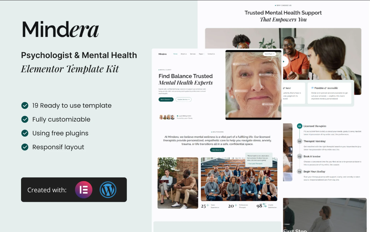 Mindera – Psychologist & Mental Health Elementor Template Kit
